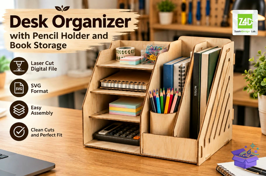 Masaüstü Düzenleyici With Pencil Tutucu Book - Tasarım Çizim Dosyası (SVG, DXF, EPS, PNG) - Lazer Kesim Dosyaları İndir (DXF, SVG, EPS)