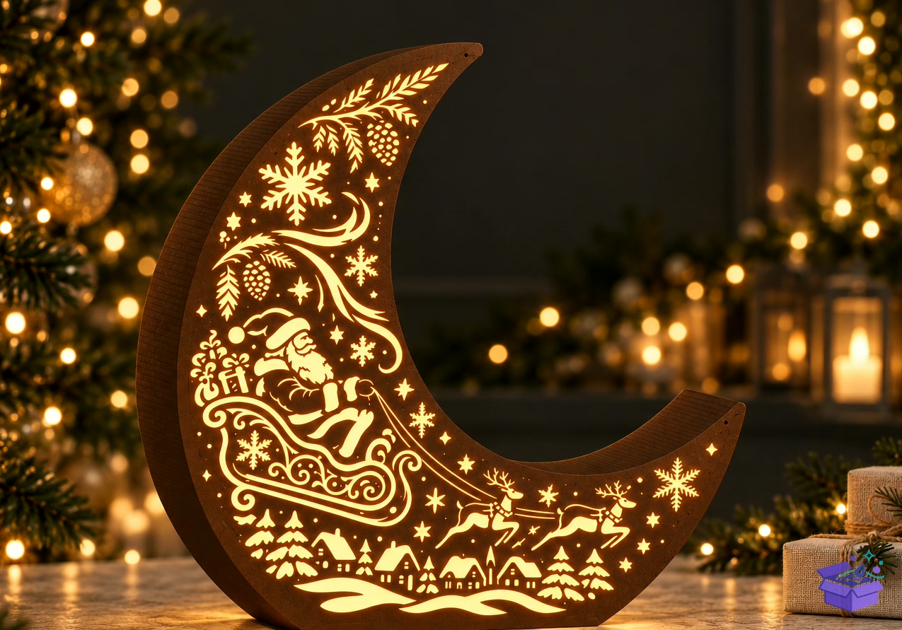 Santa Flight Moon Fener Santa And Ren Geyiği Lazer Kesim - Tasarım Çizim Dosyası (SVG, DXF, EPS, PNG) - Lazer Kesim Dosyaları İndir (DXF, SVG, EPS)