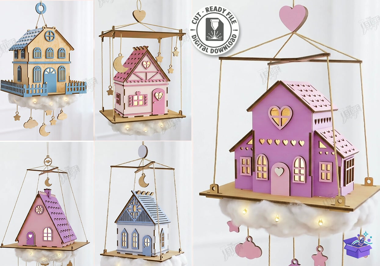 House İn Clouds Mobile Lazer Kesim - Tasarım Çizim Dosyası (SVG, DXF, EPS, PNG) önizleme 4