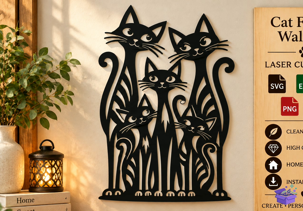 Kedi Family Duvar Dekoru Lazer Kesim SVG - Tasarım Çizim Dosyası (SVG, DXF, EPS, PNG) önizleme 2