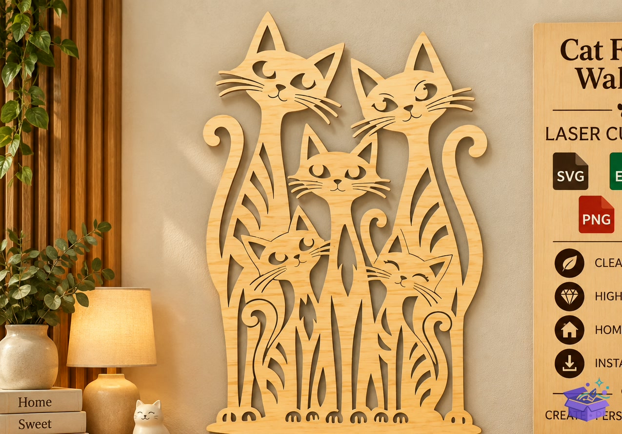 Kedi Family Duvar Dekoru Lazer Kesim SVG - Tasarım Çizim Dosyası (SVG, DXF, EPS, PNG) önizleme 3