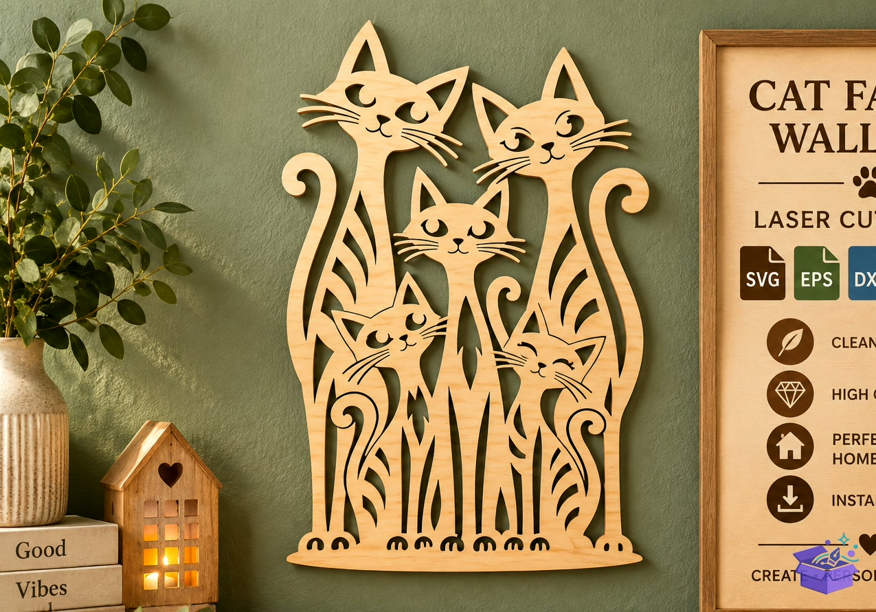 Kedi Family Duvar Dekoru Lazer Kesim SVG - Tasarım Çizim Dosyası (SVG, DXF, EPS, PNG) önizleme 4