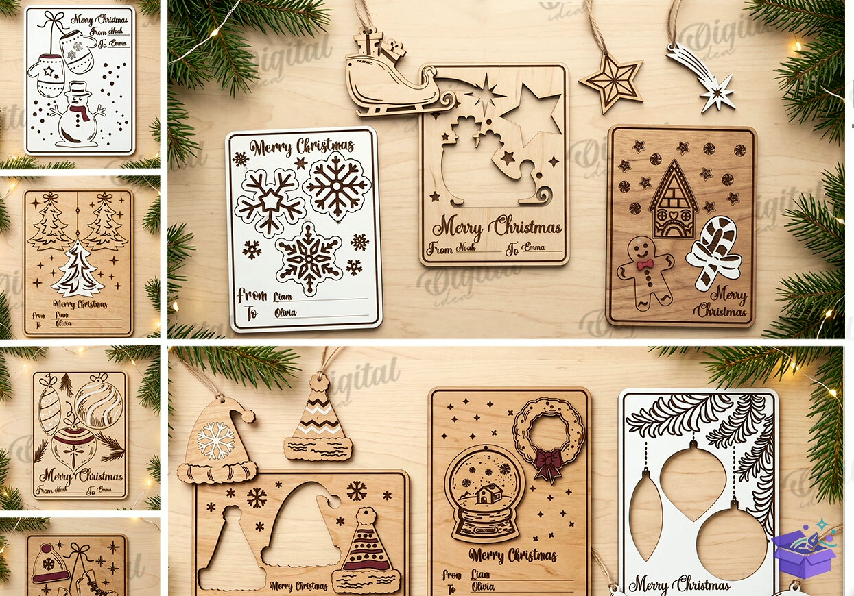 Yılbaşı Ağaç Süsü Greeting Cards - Tasarım Çizim Dosyası (SVG, DXF, EPS, PNG) önizleme 4