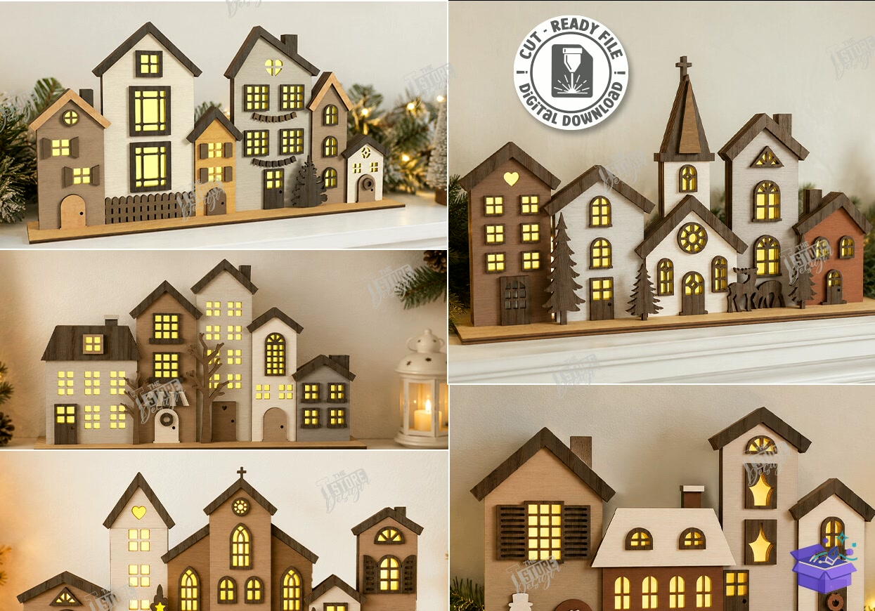 Yılbaşı Village Lighted Stand - Tasarım Çizim Dosyası (SVG, DXF, EPS, PNG) önizleme 4