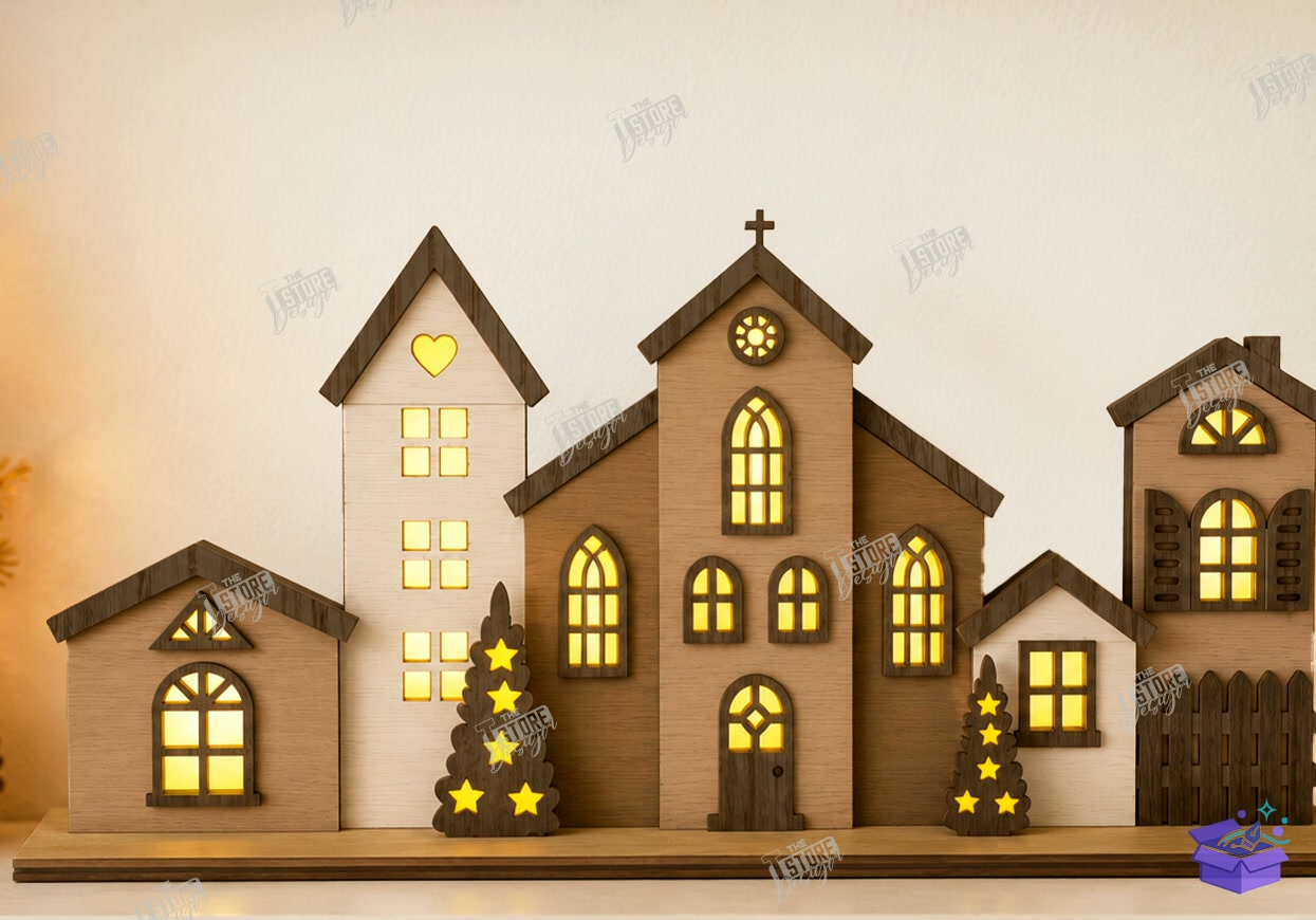 Yılbaşı Village Lighted Stand - Tasarım Çizim Dosyası (SVG, DXF, EPS, PNG) önizleme 5