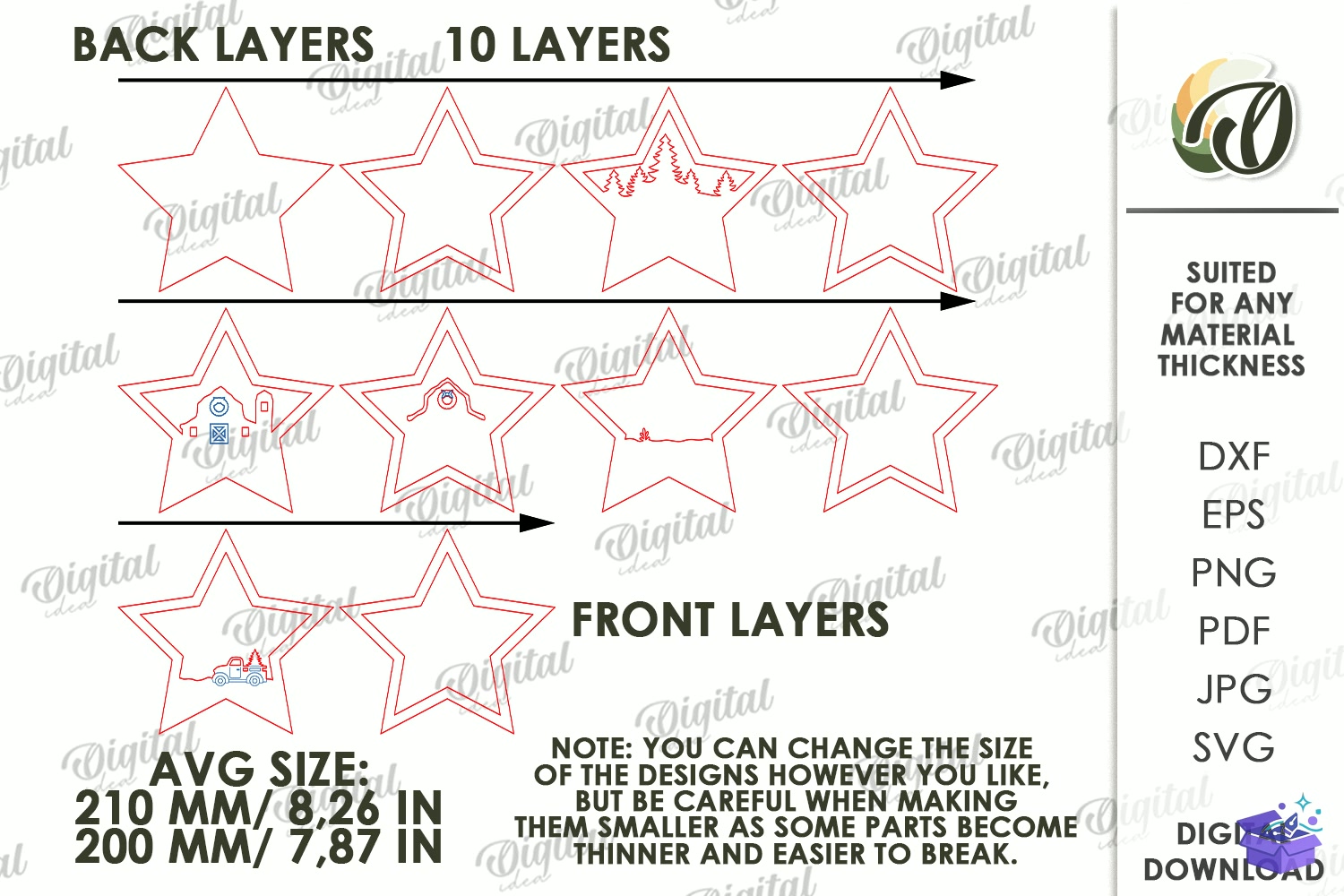 Katmanlı Yılbaşı Stars Lazer Kesim - Tasarım Çizim Dosyası (SVG, DXF, EPS, PNG) - Lazer Kesim Dosyaları İndir (STL, 3MF, DXF)