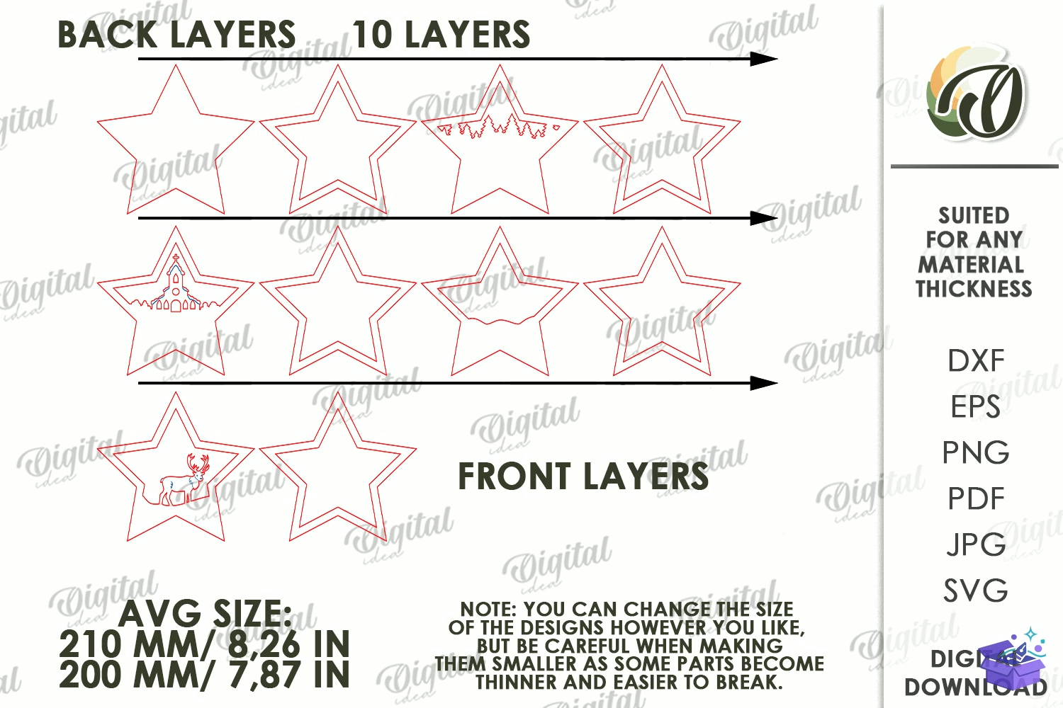 Katmanlı Yılbaşı Stars Lazer Kesim - Tasarım Çizim Dosyası (SVG, DXF, EPS, PNG) önizleme 2