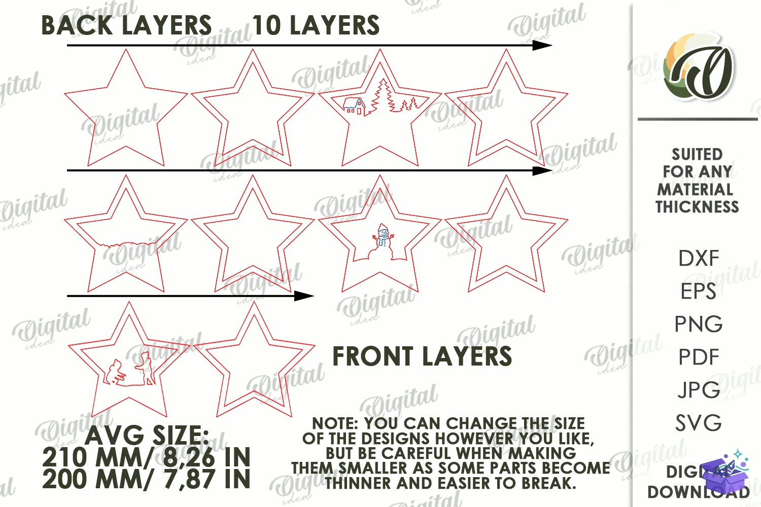 Katmanlı Yılbaşı Stars Lazer Kesim - Tasarım Çizim Dosyası (SVG, DXF, EPS, PNG) önizleme 3