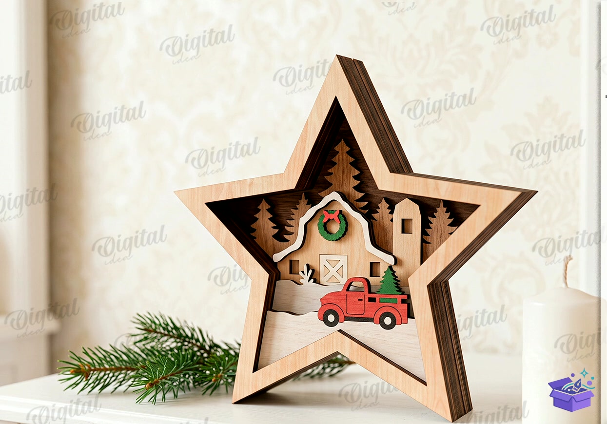 Katmanlı Yılbaşı Stars Lazer Kesim - Tasarım Çizim Dosyası (SVG, DXF, EPS, PNG) önizleme 4