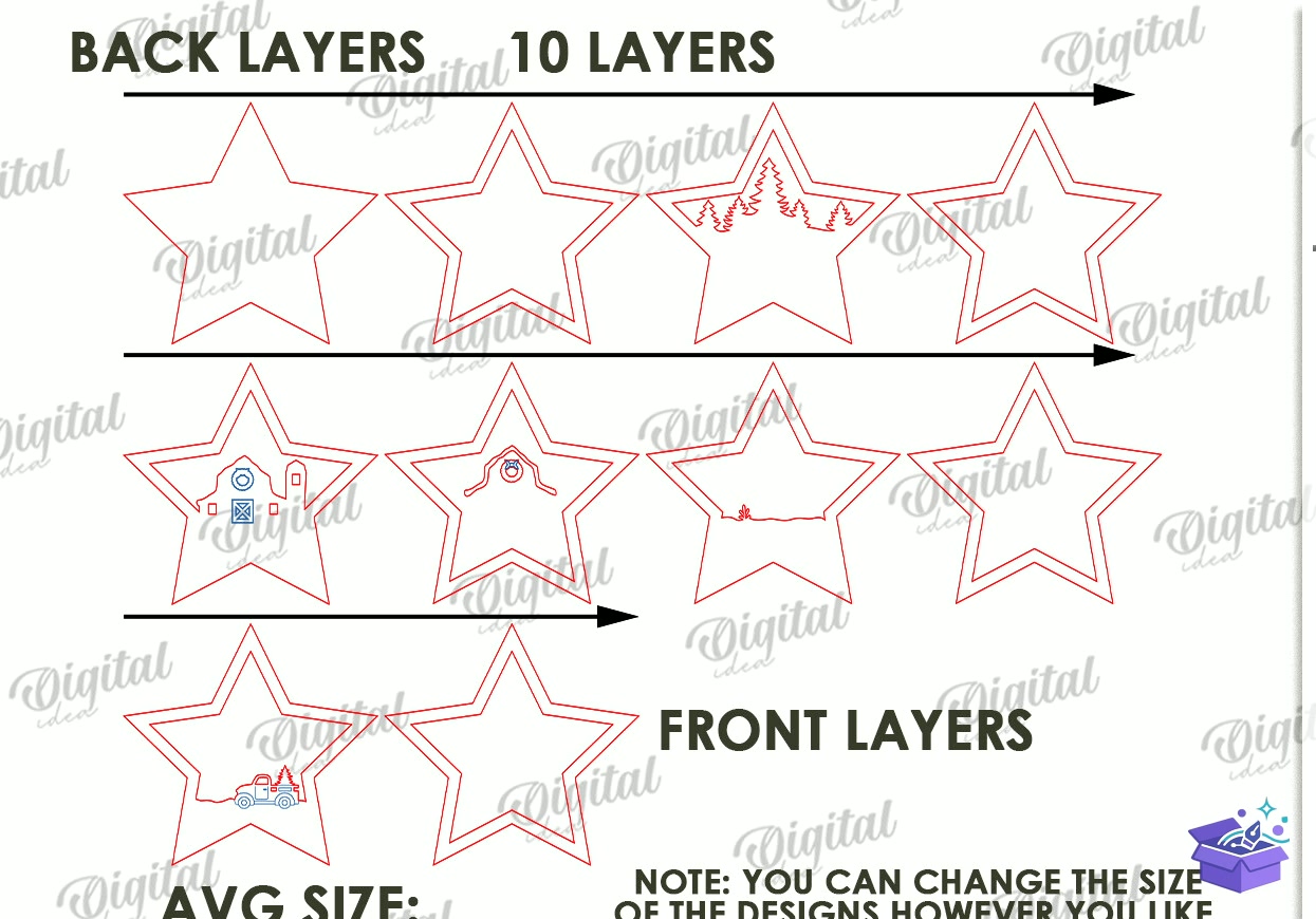 Katmanlı Yılbaşı Stars Lazer Kesim - Tasarım Çizim Dosyası (SVG, DXF, EPS, PNG) önizleme 5