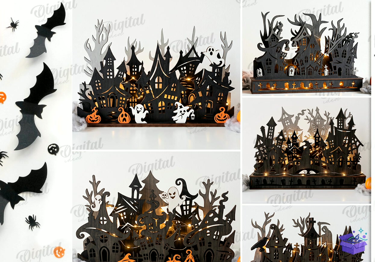 Cadılar Bayramı Haunted Houses Laser - Tasarım Çizim Dosyası (SVG, DXF, EPS, PNG) önizleme 4