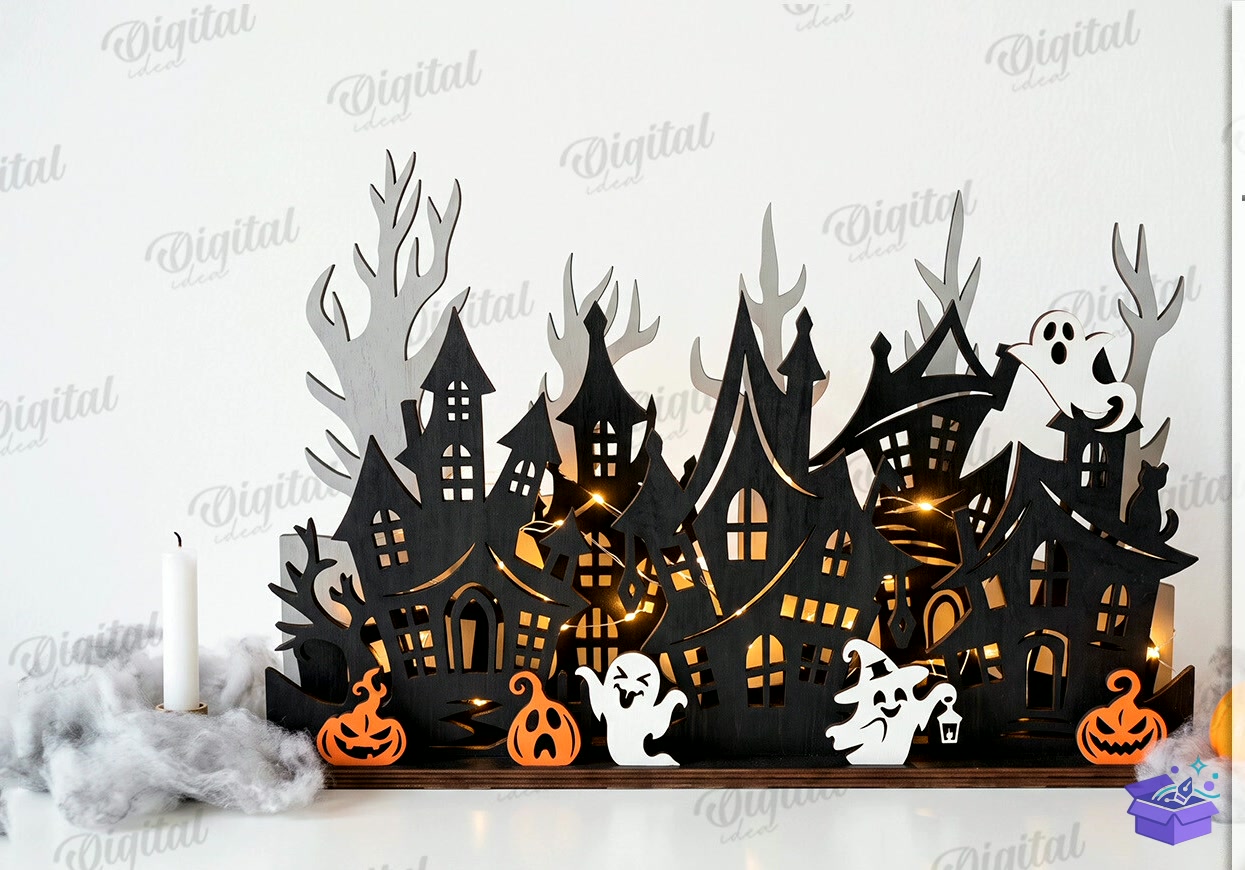 Cadılar Bayramı Haunted Houses Laser - Tasarım Çizim Dosyası (SVG, DXF, EPS, PNG) önizleme 5