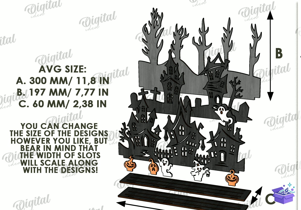 Cadılar Bayramı Haunted Houses Laser - Tasarım Çizim Dosyası (SVG, DXF, EPS, PNG) önizleme 6