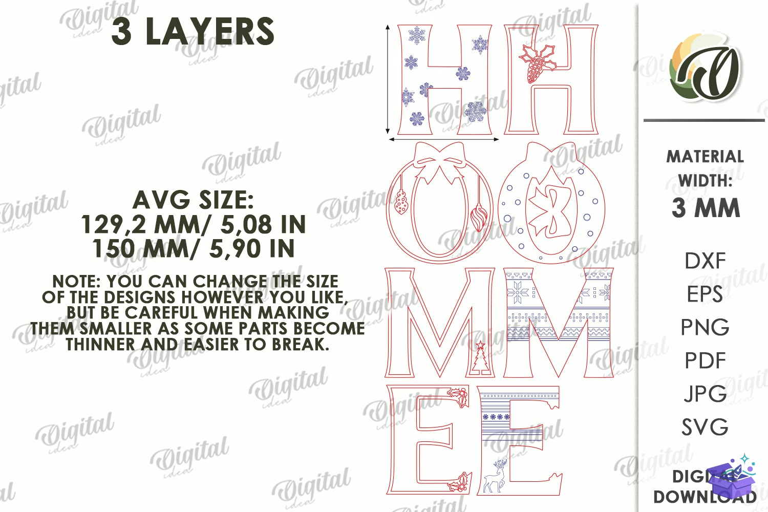 Yılbaşı Word Decors Lazer Kesim - Tasarım Çizim Dosyası (SVG, DXF, EPS, PNG) önizleme 2