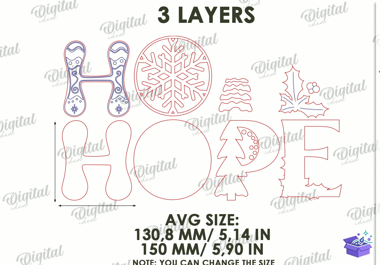 Yılbaşı Word Decors Lazer Kesim - Tasarım Çizim Dosyası (SVG, DXF, EPS, PNG) önizleme 6