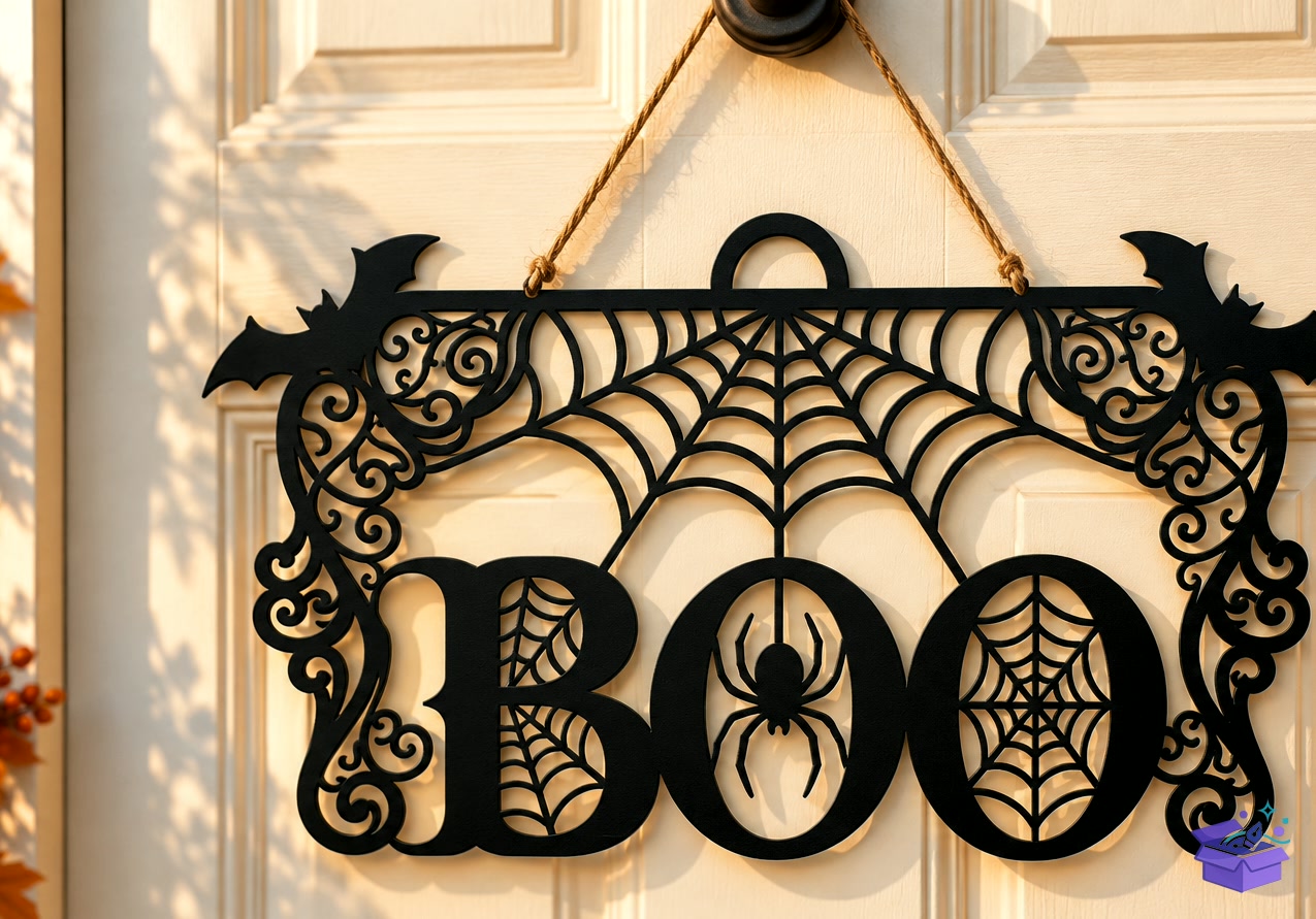Cadılar Bayramı Boo Spider Web Bat Kapı Süsü - Tasarım Çizim Dosyası (SVG, DXF, EPS, PNG) önizleme 2