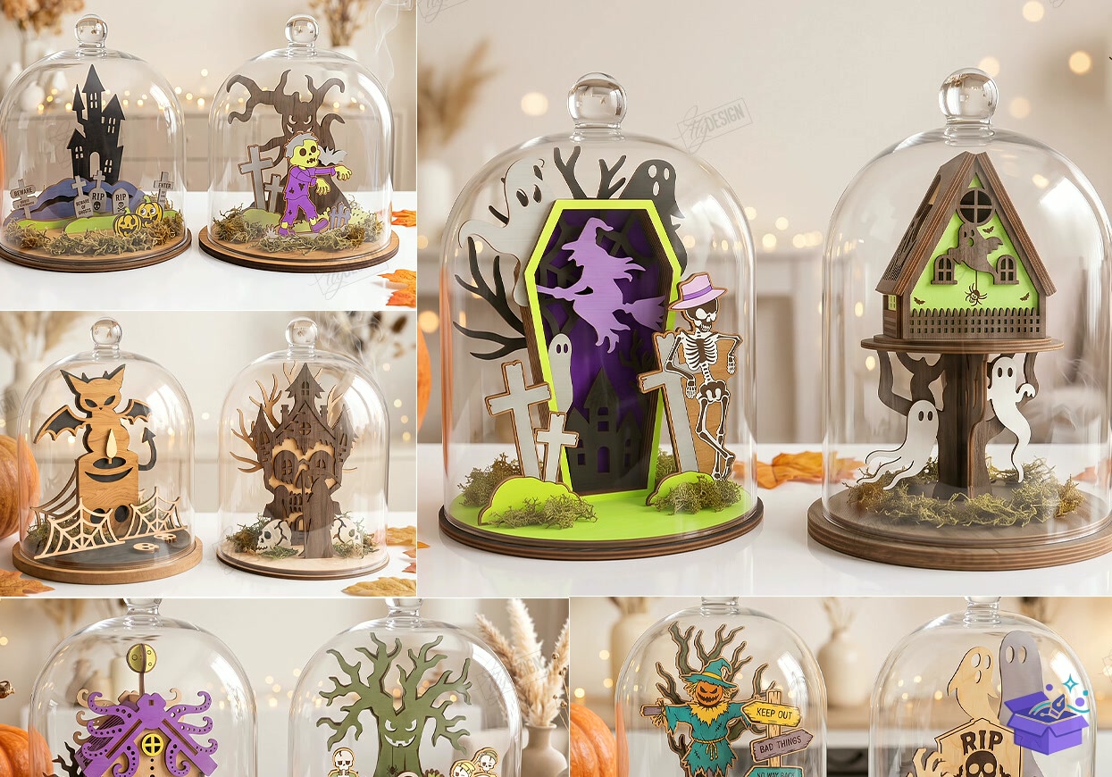 Cadılar Bayramı 3D Miniature Cloche Scenes - Tasarım Çizim Dosyası (SVG, DXF, EPS, PNG) önizleme 4