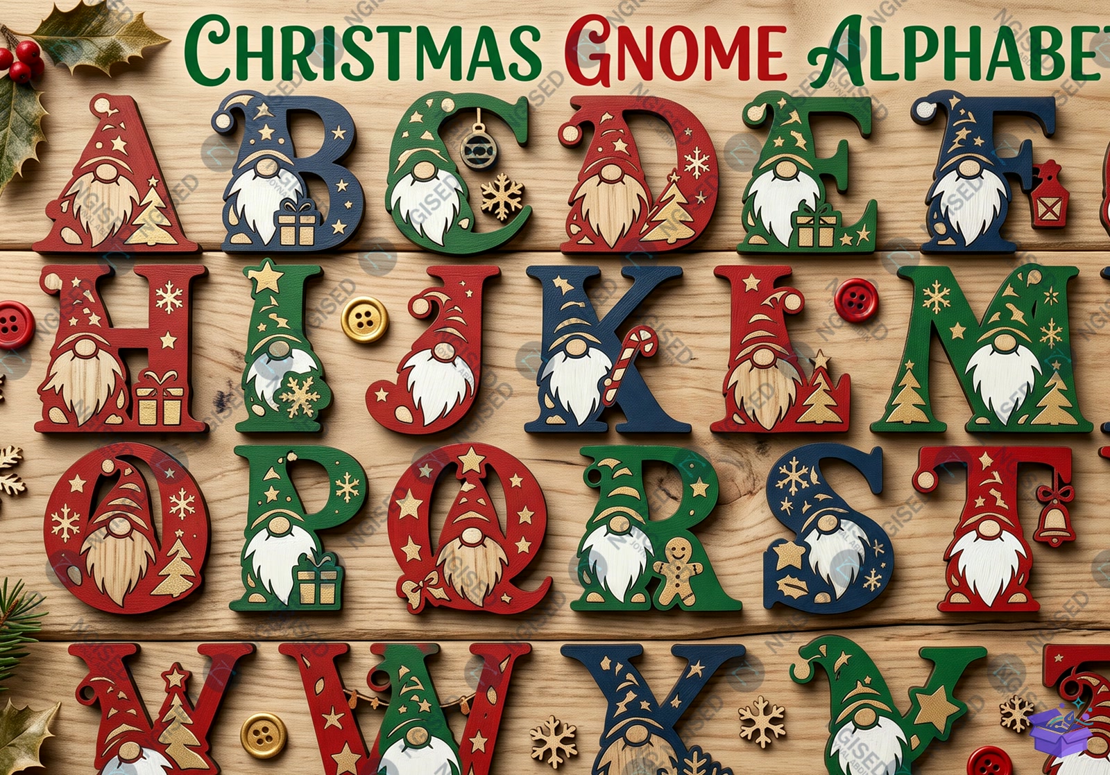 Yılbaşı Gnome Alphabet Lazer Kesim Bundl - Tasarım Çizim Dosyası (SVG, DXF, EPS, PNG) önizleme 2
