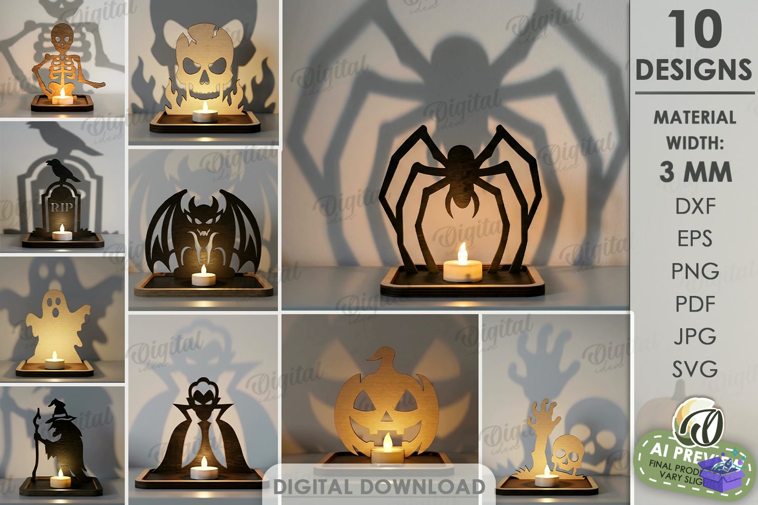 Cadılar Bayramı Shadow Candle Tutucu - Tasarım Çizim Dosyası (SVG, DXF, EPS, PNG) - Lazer Kesim Dosyaları İndir (STL, 3MF, DXF)