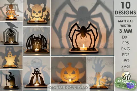 Cadılar Bayramı Shadow Candle Tutucu - Tasarım Çizim Dosyası (SVG, DXF, EPS, PNG) - Lazer Kesim Dosyaları İndir (STL, 3MF, DXF)