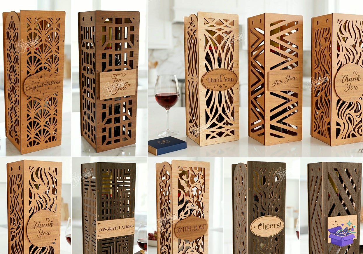 Wine Bottle Gift Kutu Lazer Kesim - Tasarım Çizim Dosyası (SVG, DXF, EPS, PNG) önizleme 3