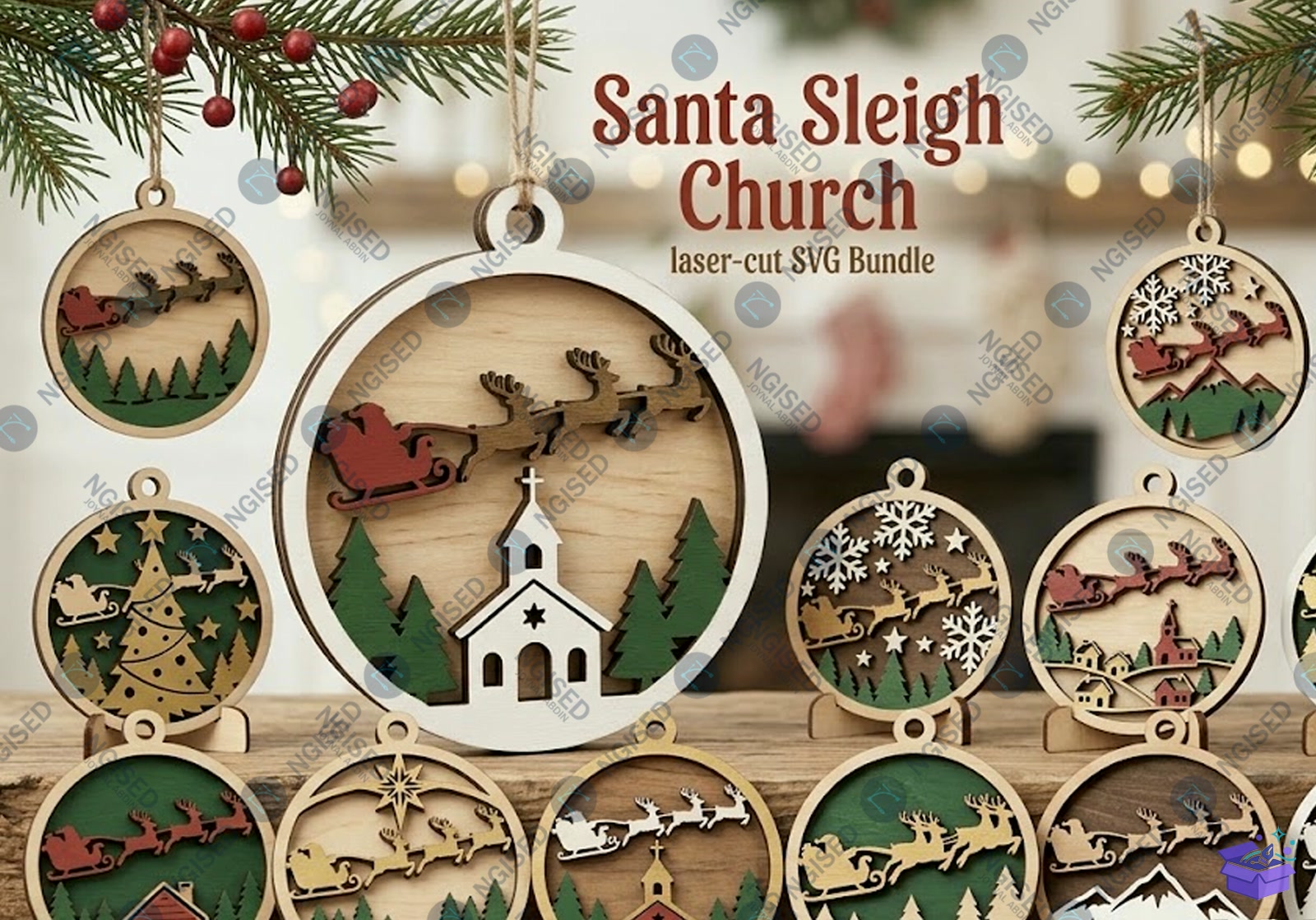 Santa Sleigh Church Lazer Kesim SVG - Tasarım Çizim Dosyası (SVG, DXF, EPS, PNG) önizleme 2