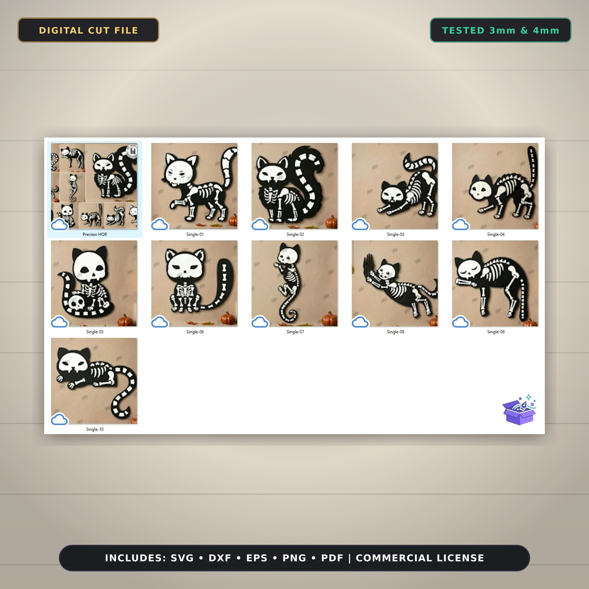 Cadılar Bayramı Skeleton Cats Lazer Kesim - Tasarım Çizim Dosyası (SVG, DXF, EPS, PNG) - Lazer Kesim Dosyaları İndir (STL, 3MF, DXF)
