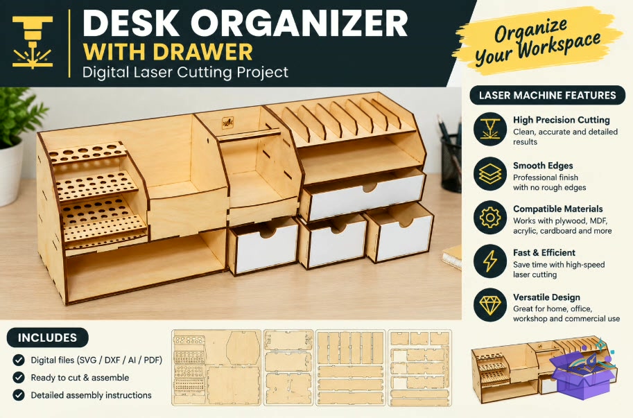 Organizer With Drawer – Laser Project - Tasarım Çizim Dosyası (SVG, DXF, EPS, PNG) - Lazer Kesim Dosyaları İndir (DXF, SVG, EPS)