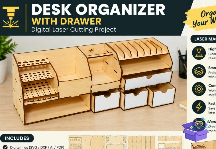 Organizer With Drawer – Laser Project - Tasarım Çizim Dosyası (SVG, DXF, EPS, PNG) önizleme 3