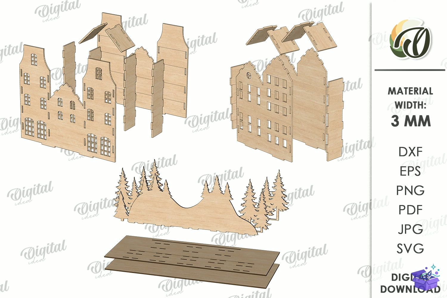 Yılbaşı Village Light Stand Lazer Kesim - Tasarım Çizim Dosyası (SVG, DXF, EPS, PNG) önizleme 2