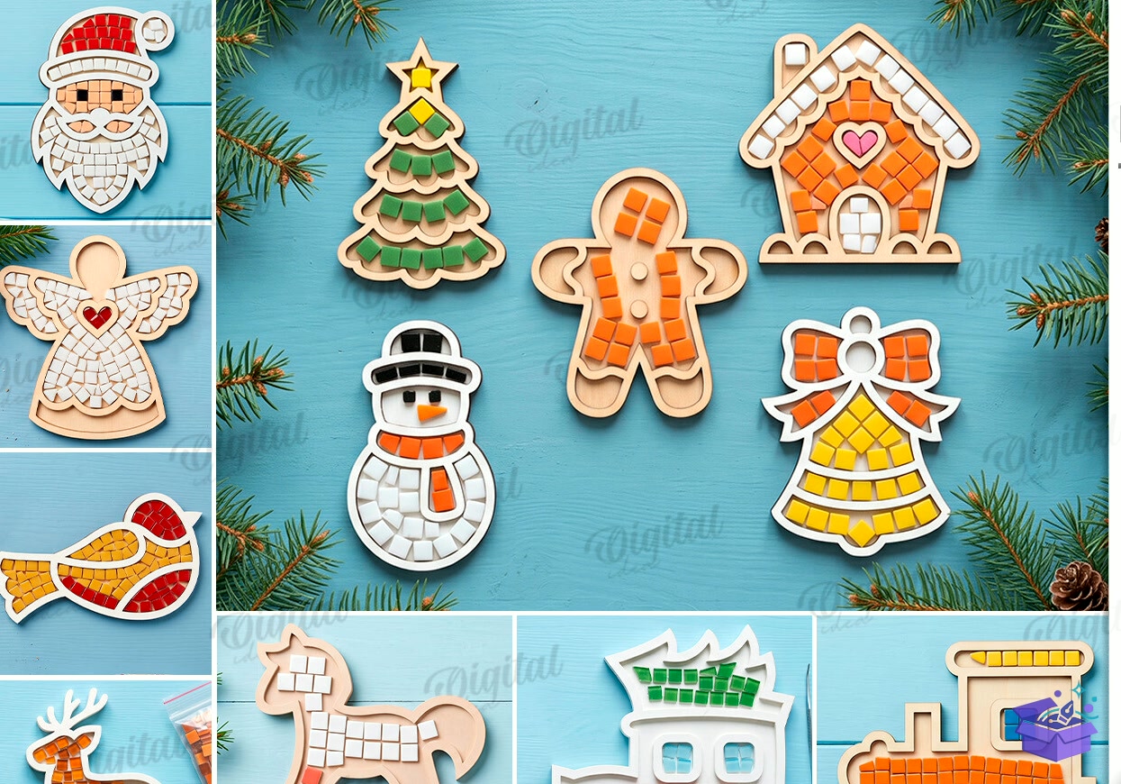 Yılbaşı Mosaic Bases Lazer Kesim - Tasarım Çizim Dosyası (SVG, DXF, EPS, PNG) önizleme 4