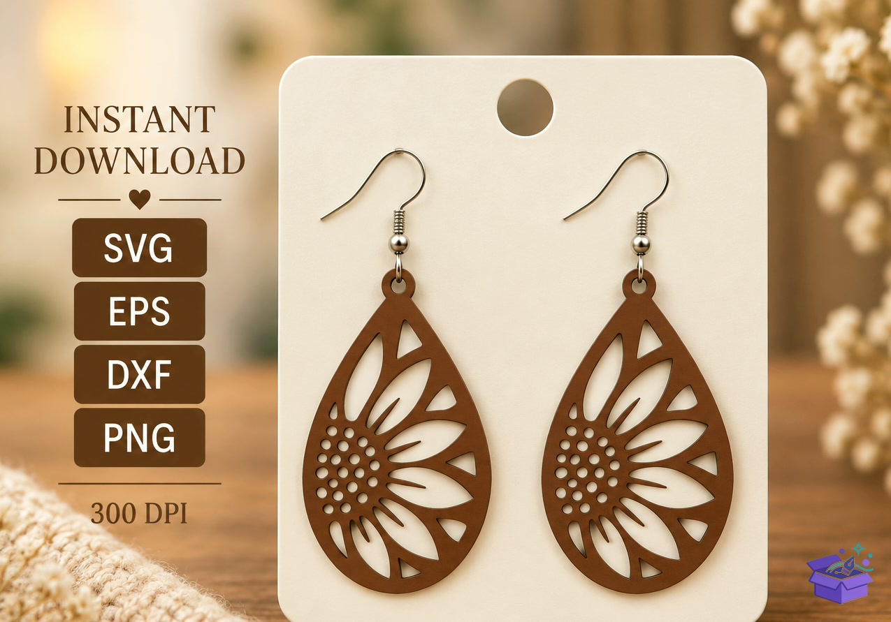 Sunflower Floral Küpe Lazer Kesim SVG - Tasarım Çizim Dosyası (SVG, DXF, EPS, PNG) önizleme 2