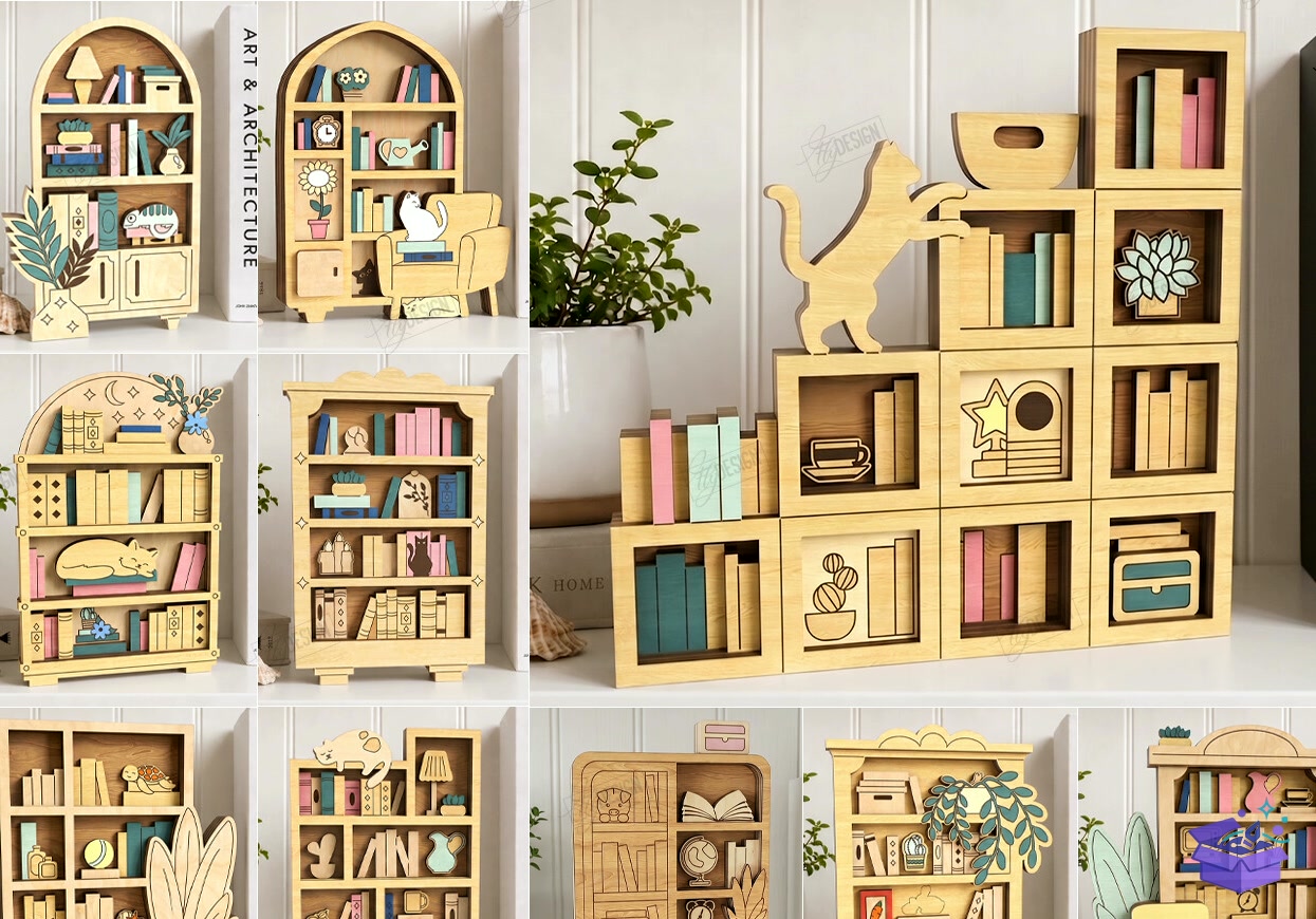 3D Mini Bookshelf Lazer Kesim CNC - Tasarım Çizim Dosyası (SVG, DXF, EPS, PNG) önizleme 3