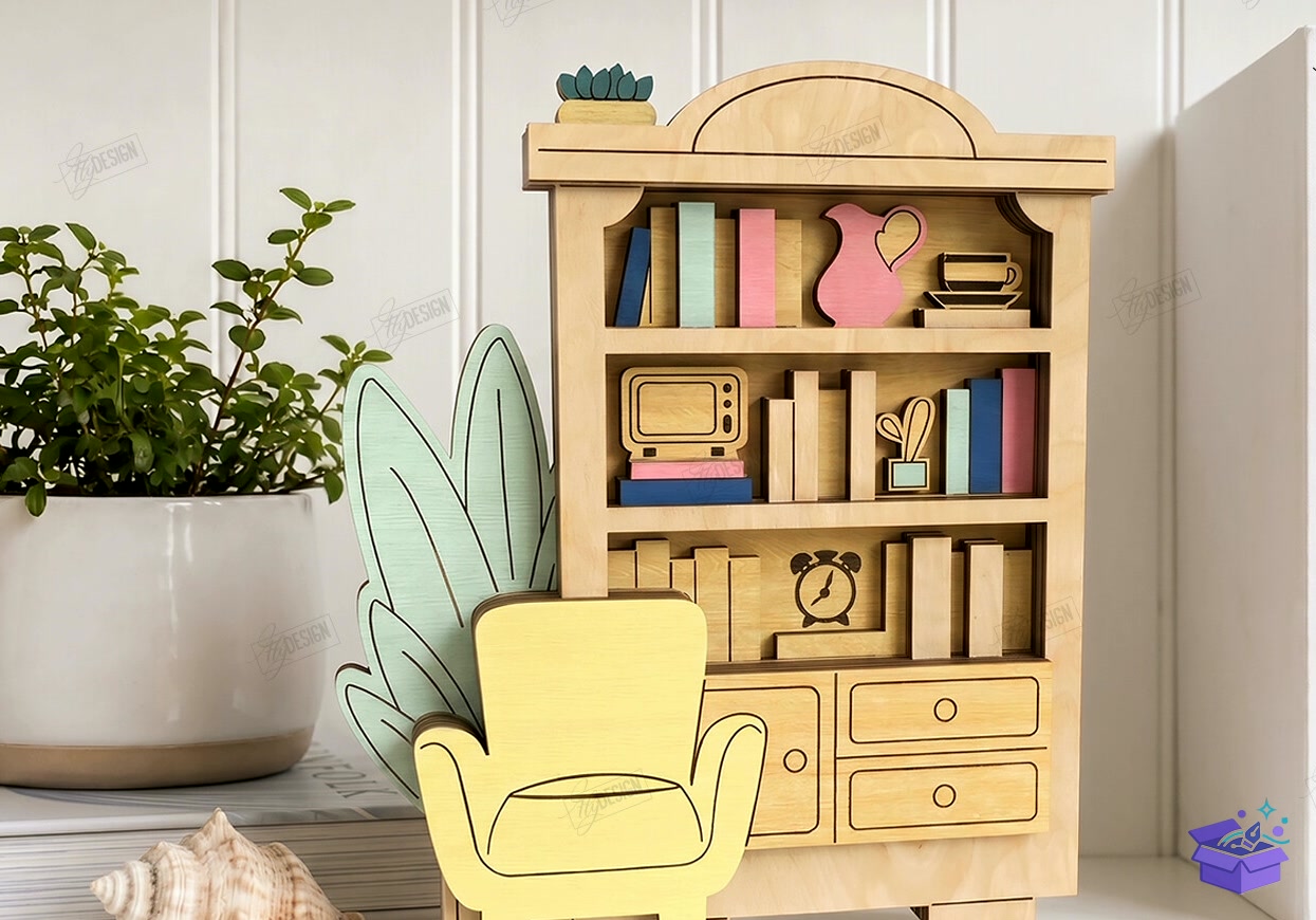 3D Mini Bookshelf Lazer Kesim CNC - Tasarım Çizim Dosyası (SVG, DXF, EPS, PNG) önizleme 4