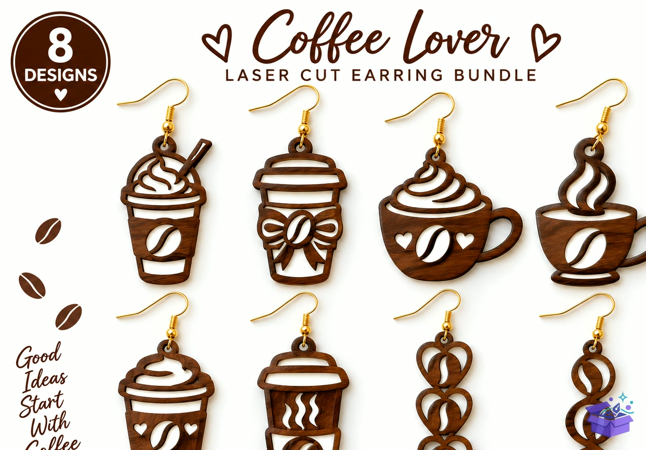 8 Coffee Lover Küpe Lazer Kesim SVG - Tasarım Çizim Dosyası (SVG, DXF, EPS, PNG) önizleme 4