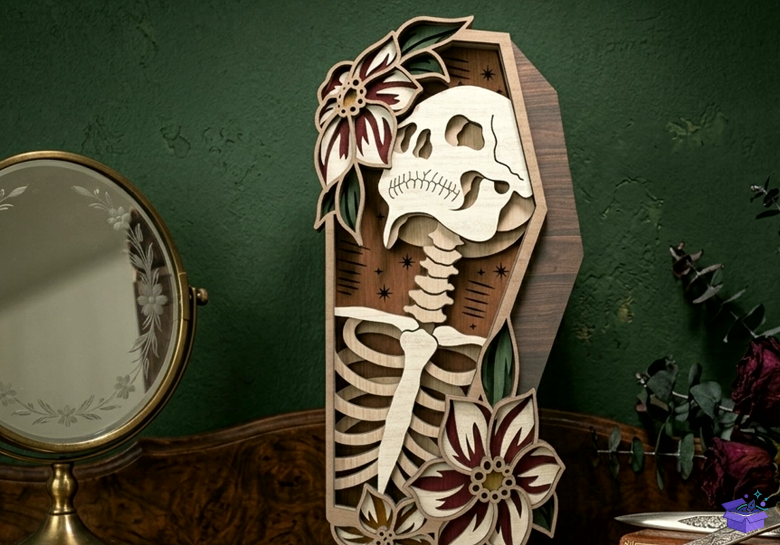 Floral Skeleton Coffin SVG - Tasarım Çizim Dosyası (SVG, DXF, EPS, PNG) önizleme 2