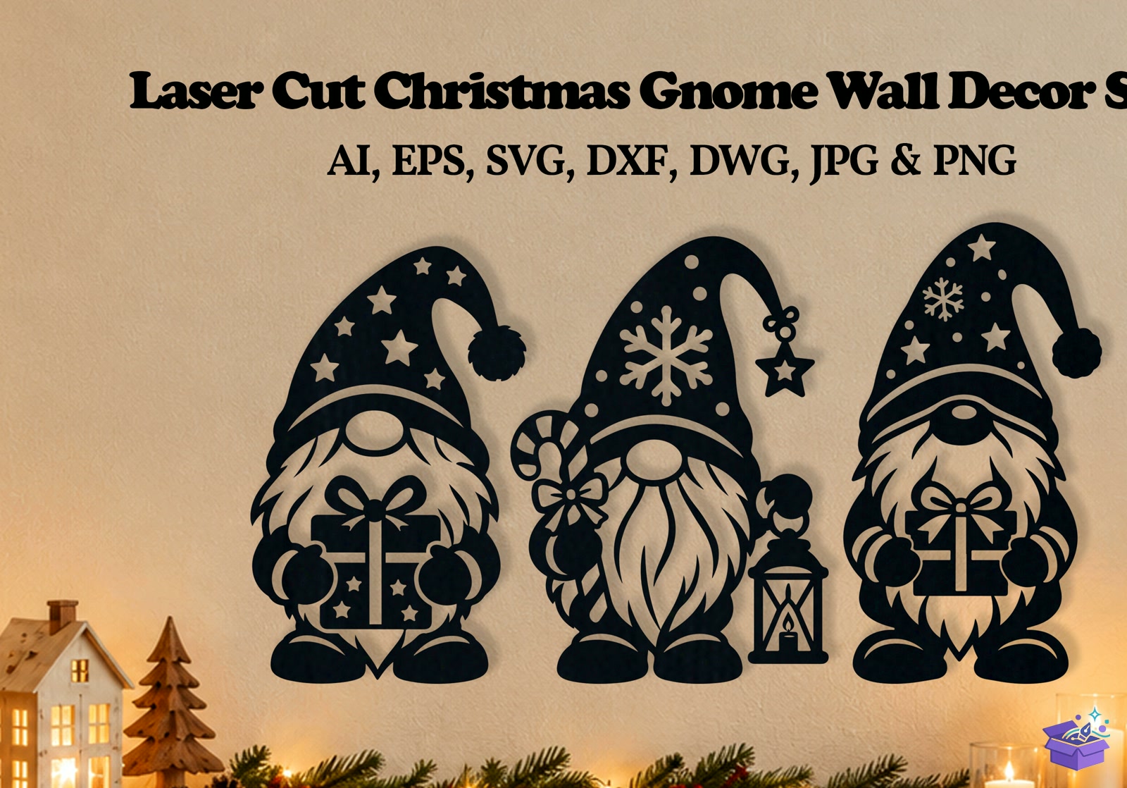 Lazer Kesim Yılbaşı Gnome Duvar Dekoru SVG - Tasarım Çizim Dosyası (SVG, DXF, EPS, PNG) önizleme 3