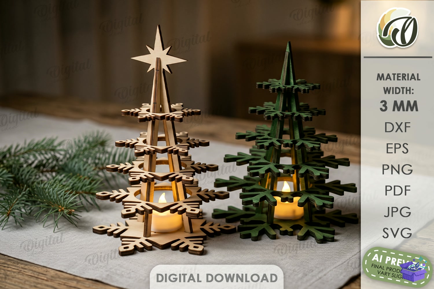 Yılbaşı Trees Candle Tutucu Lazer Kesim - Tasarım Çizim Dosyası (SVG, DXF, EPS, PNG) önizleme 3
