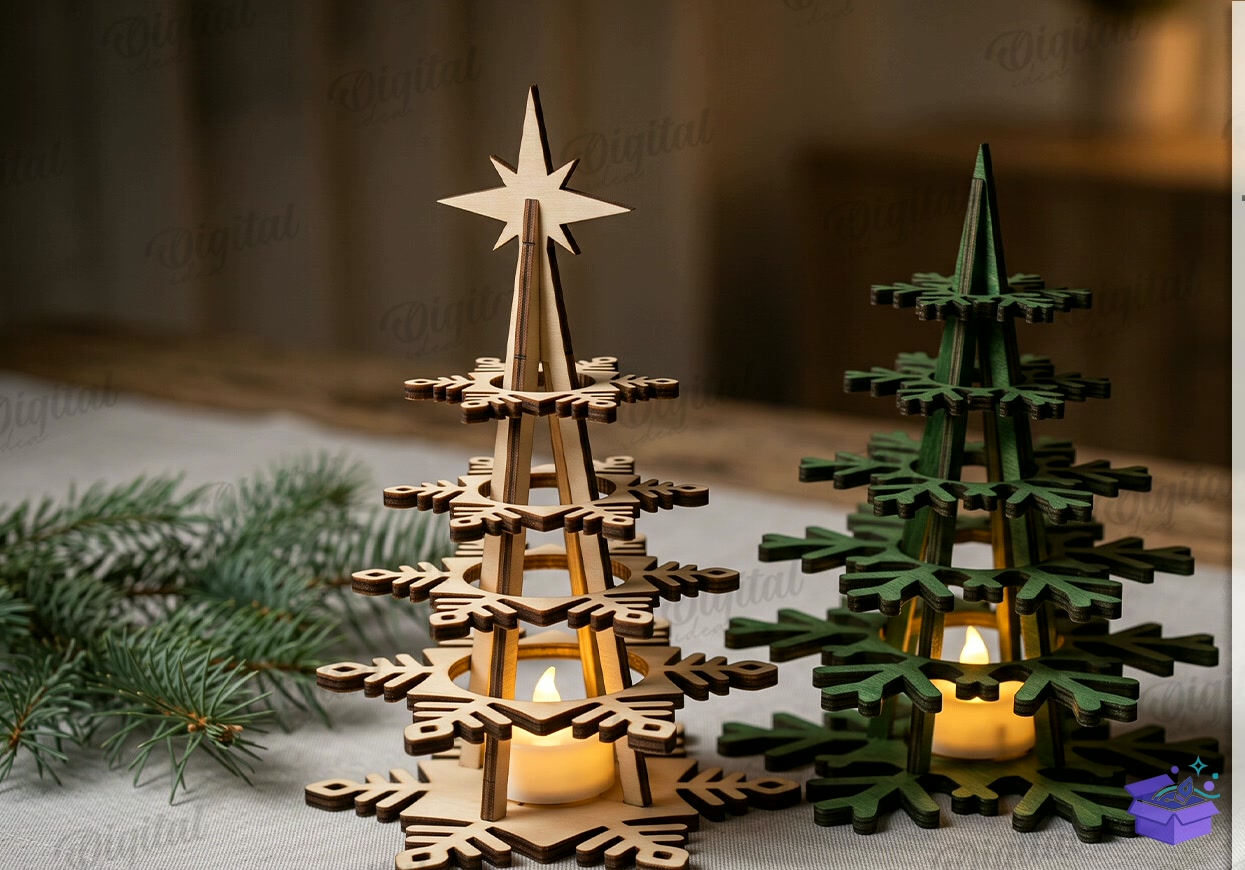 Yılbaşı Trees Candle Tutucu Lazer Kesim - Tasarım Çizim Dosyası (SVG, DXF, EPS, PNG) önizleme 4