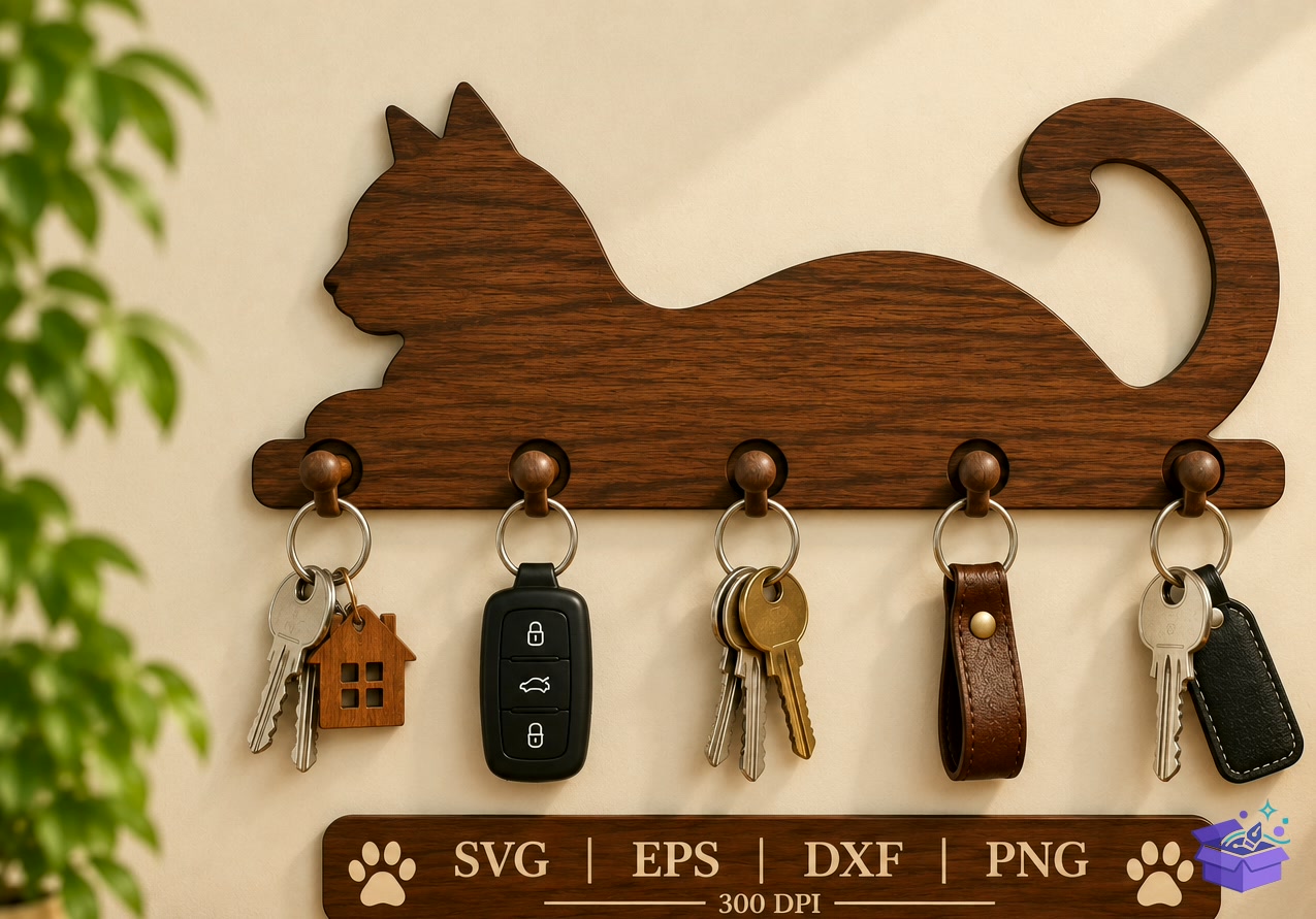 Ahşap Kedi Key Tutucu Lazer Kesim SVG - Tasarım Çizim Dosyası (SVG, DXF, EPS, PNG) önizleme 2