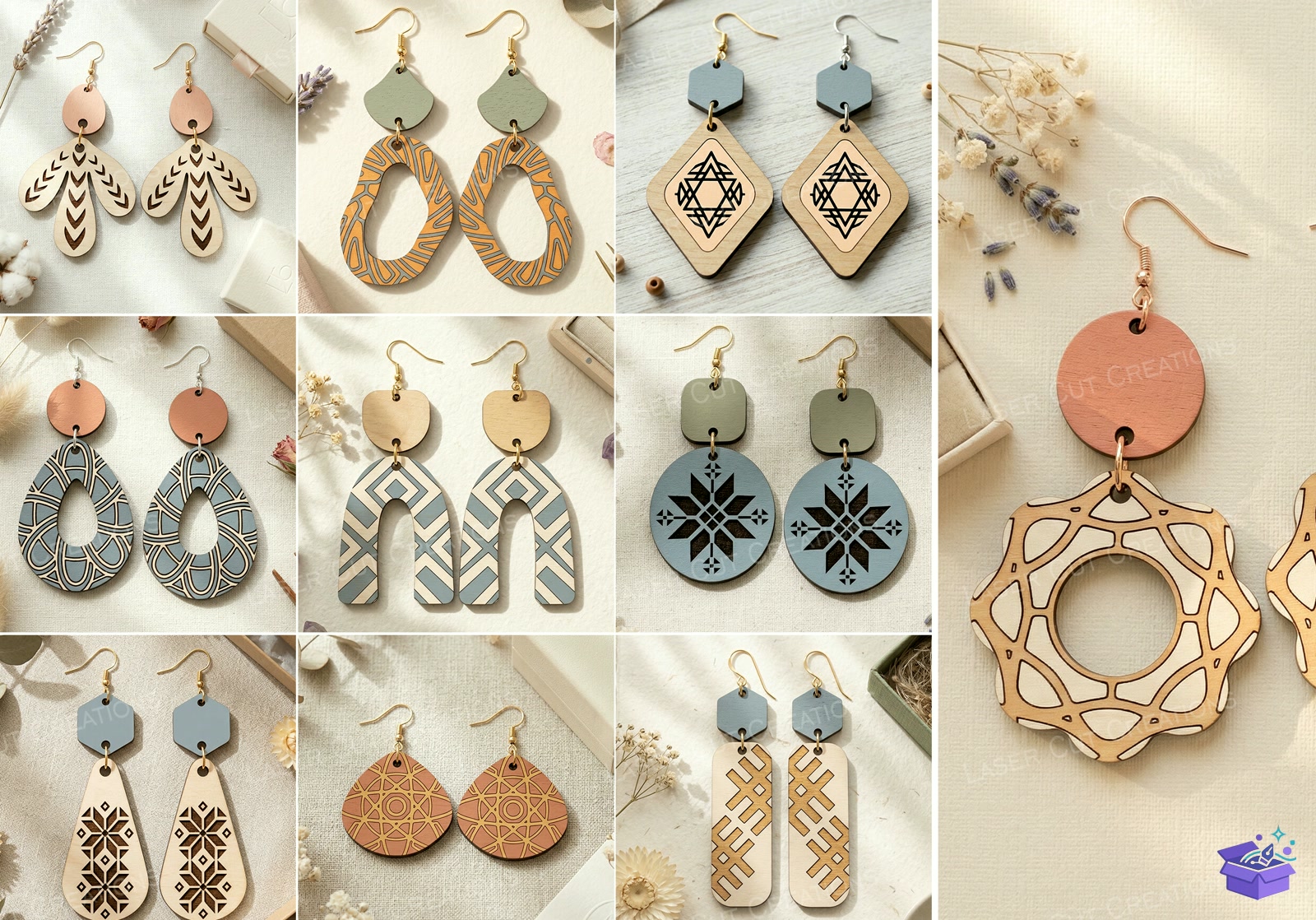 Ahşap Boho Küpe Lazer Kesim - Tasarım Çizim Dosyası (SVG, DXF, EPS, PNG) önizleme 3