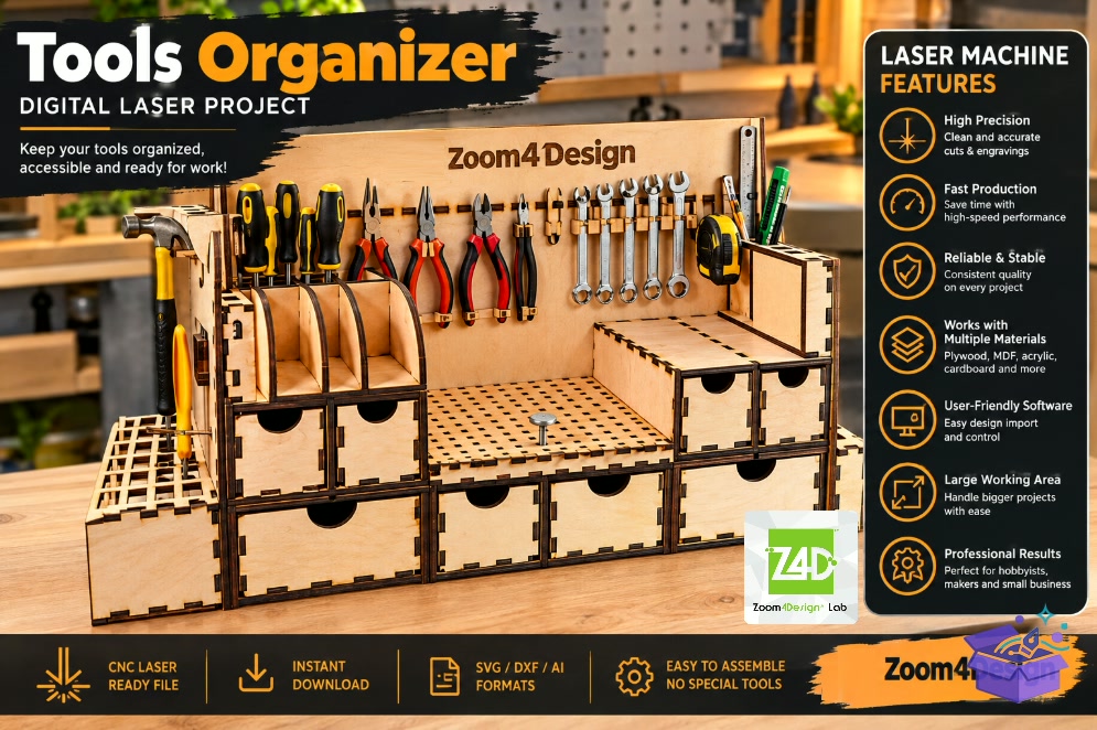 Tools Organizer — Lazer Kesim Workshop - Tasarım Çizim Dosyası (SVG, DXF, EPS, PNG) önizleme 3