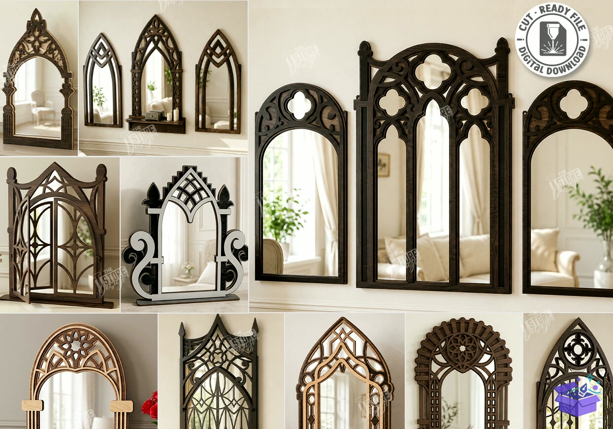 Gothic Arch Ayna Çerçevesi Çerçeve Laser - Tasarım Çizim Dosyası (SVG, DXF, EPS, PNG) önizleme 3