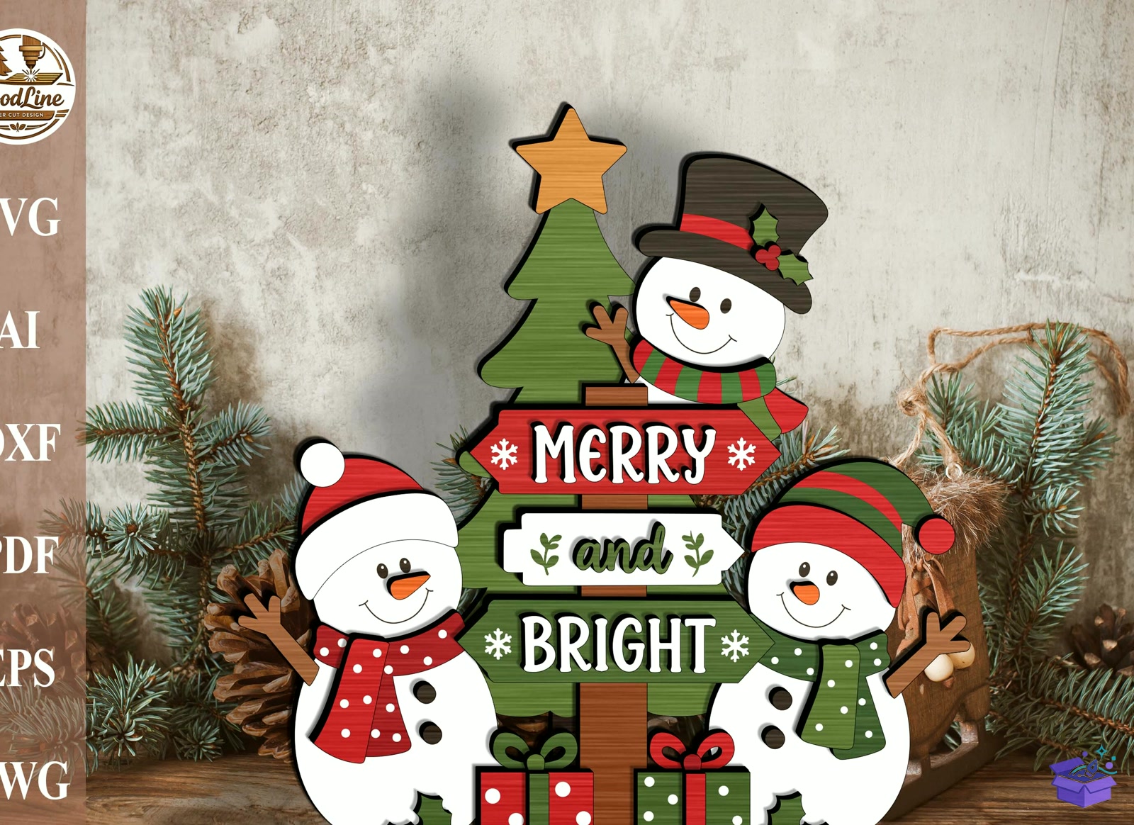 Yılbaşı Snowman Ağaç Duvar Rafı Sitter SVG - Tasarım Çizim Dosyası (SVG, DXF, EPS, PNG) önizleme 3
