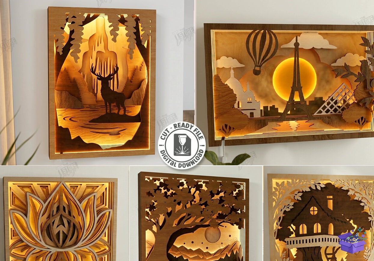 3D Katmanlı Light Kutu Art Laser - Tasarım Çizim Dosyası (SVG, DXF, EPS, PNG) önizleme 3