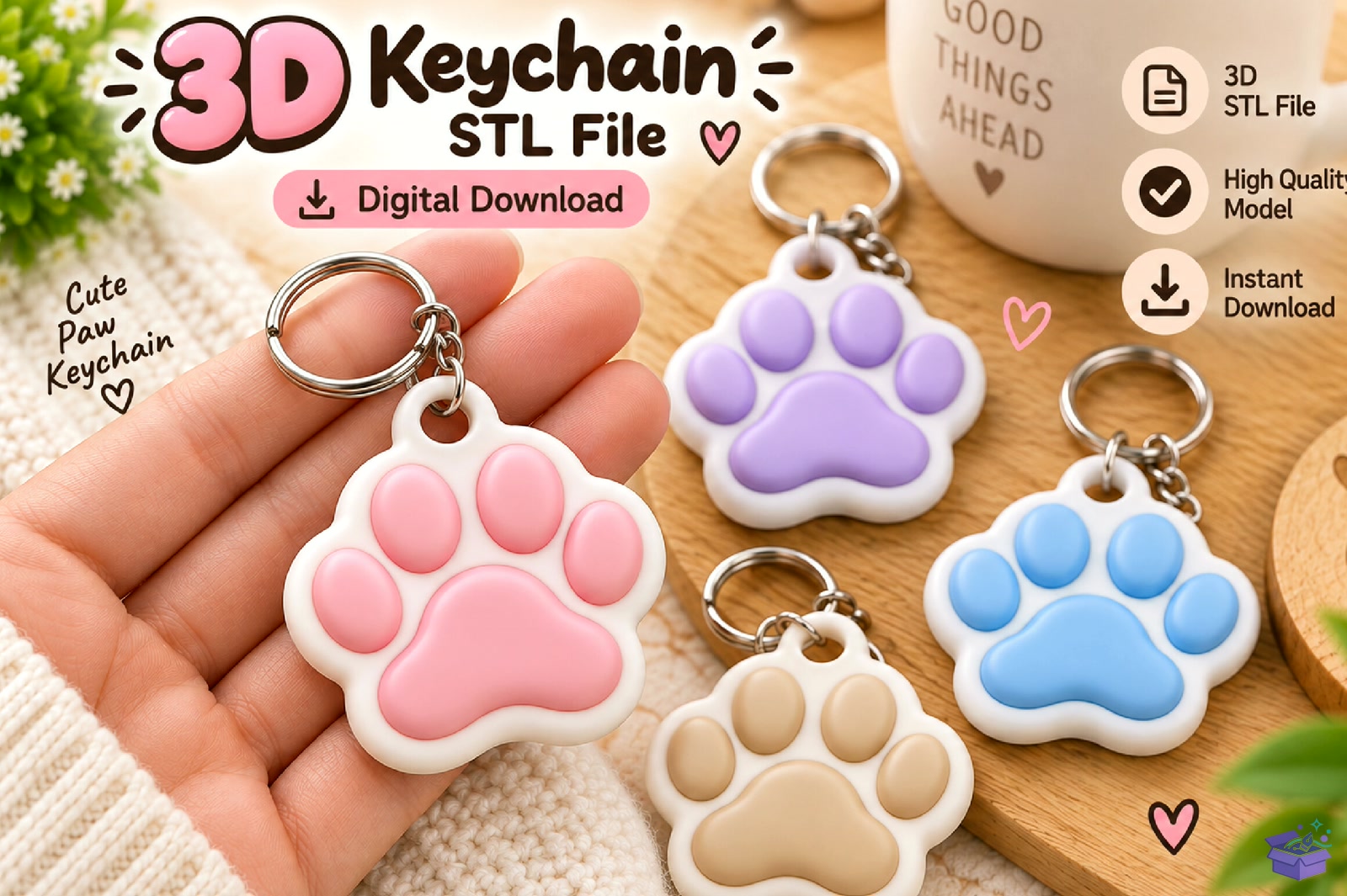 Cute Paw Anahtarlık 3D STL File - 3D Baskı ve Model Dosyası (STL, OBJ, 3MF) önizleme 2