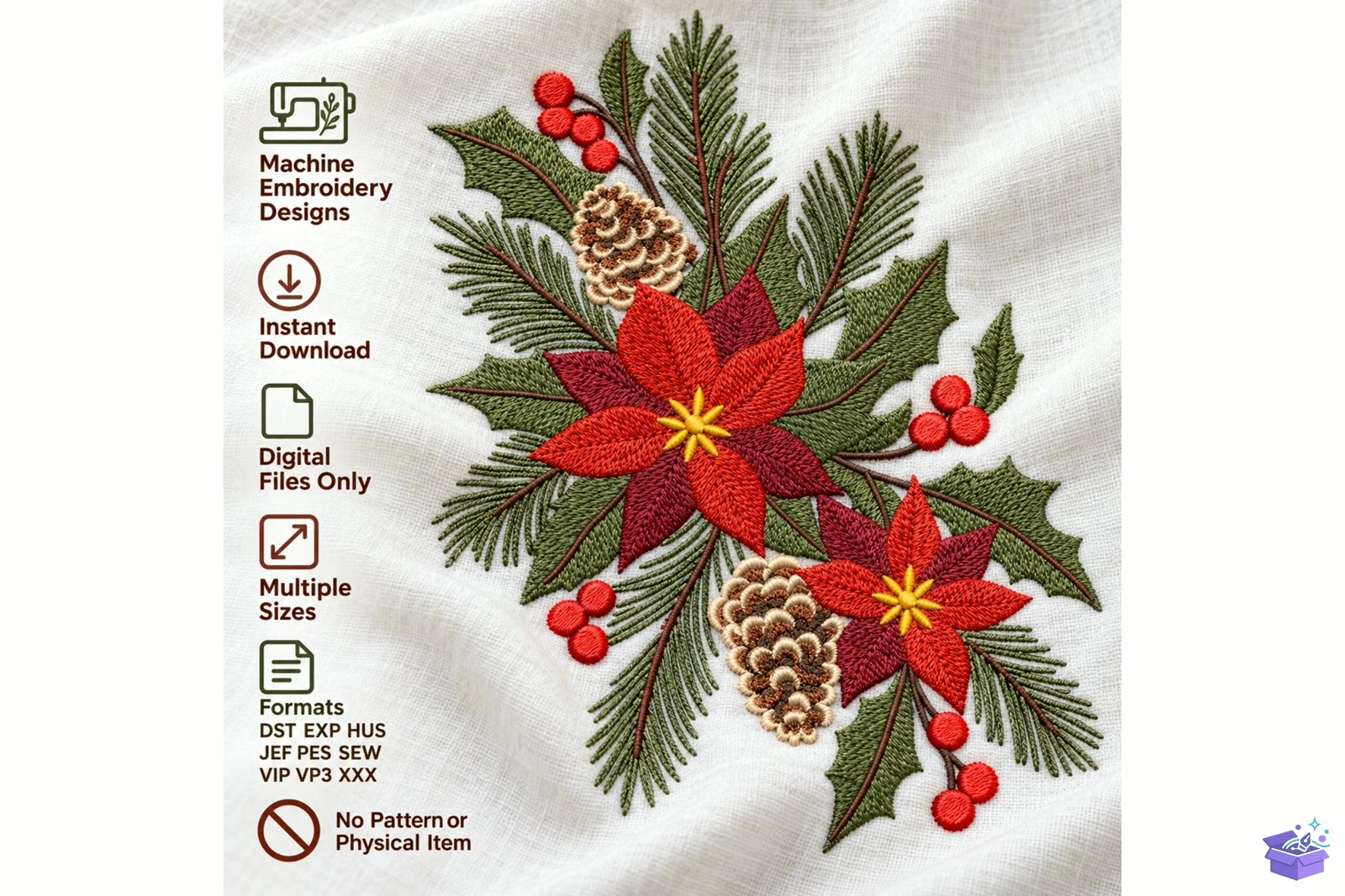 Yılbaşı Poinsettia Pine Cone Holly - Makine Nakış Deseni (SVG, DXF, EPS, PNG) - Nakış Desenleri İndir (DXF, SVG, EPS)