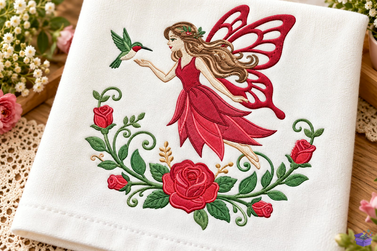 Fairy Rose Hummingbird Nakış - Makine Nakış Deseni (SVG, DXF, EPS, PNG) - Nakış Desenleri İndir (DXF, SVG, AI)