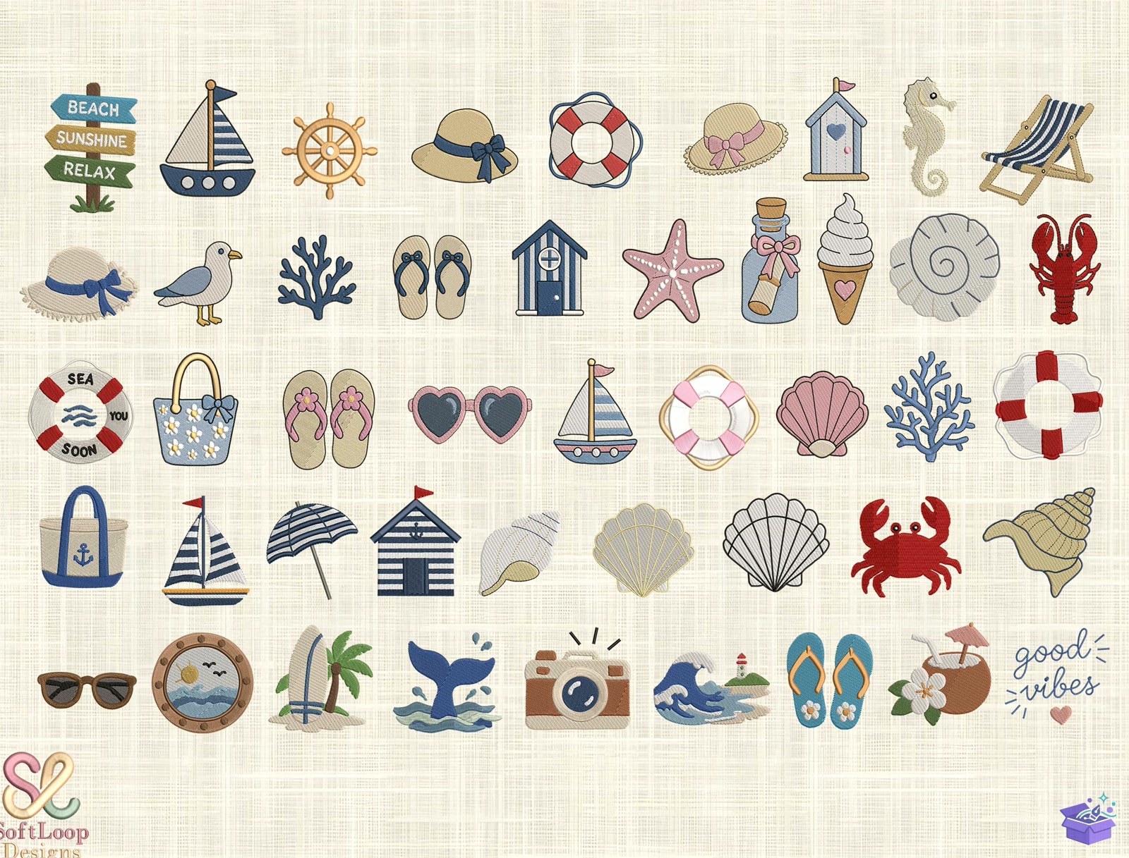 "Beach Summer" Yaz Plajı - Makine Nakış Deseni (PES, DST, JEF, EXP, VP3, HUS) - Vektörel Tasarım ve İndirilebilir Çizim Dosyası