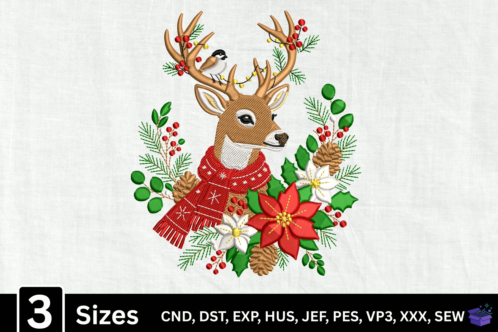 Festive Holiday Yılbaşı Ren Geyiği - Makine Nakış Deseni (SVG, DXF, EPS, PNG) önizleme 6
